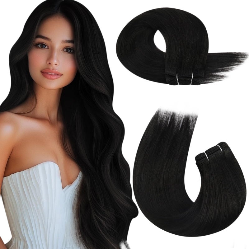 Moresoo Sew in Hair Extensions Real Human Hair Black Human Hair Weft Extensions Sew in Natural Black Double Weft 100g 18 inch